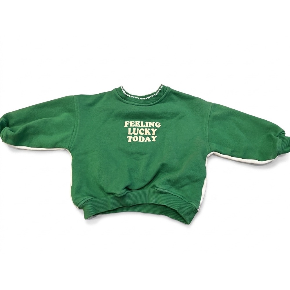 Zara Kids Feeling Lucky Today Green White Colorblock Sweatshirt 2 Years 92cm